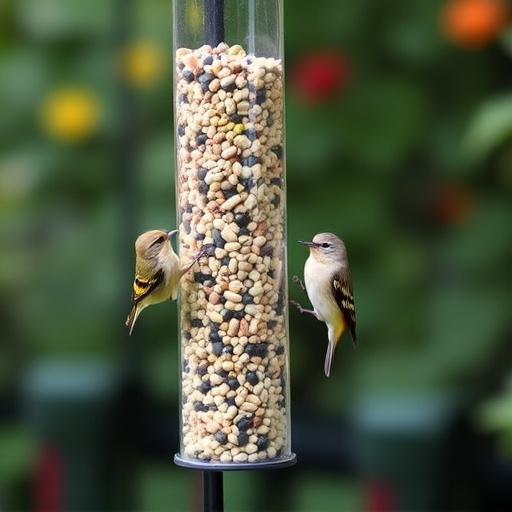 Garden birds at squirrel-resistant seed tube