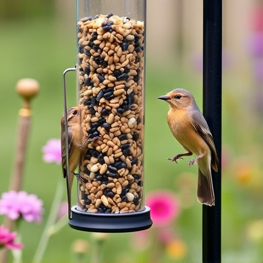 Garden birds at squirrel-resistant seed tube