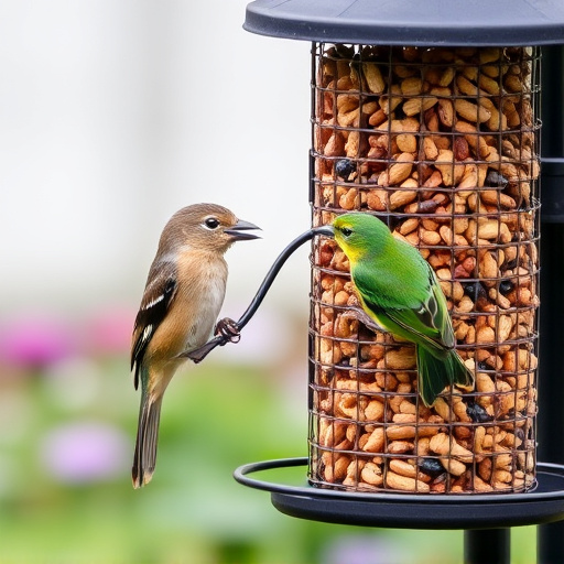 Garden birds at squirrel-resistant seed tube