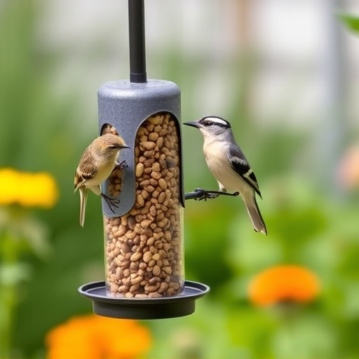 Garden birds at squirrel-resistant seed tube