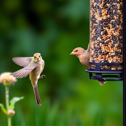 Garden birds at squirrel-resistant seed tube