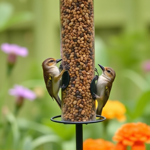Garden birds at squirrel-resistant seed tube