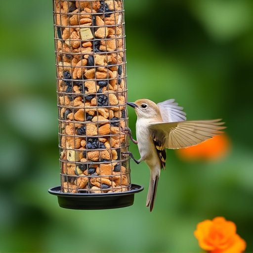 Garden birds at squirrel-resistant seed tube