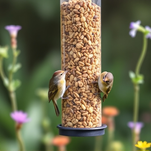 Garden birds at squirrel-resistant seed tube