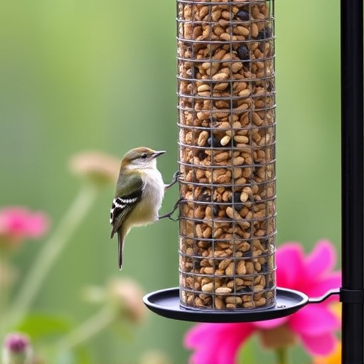 Garden birds at squirrel-resistant seed tube