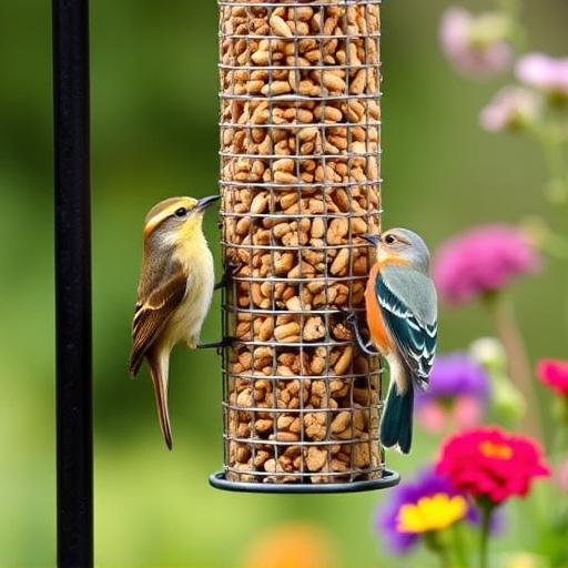 Garden birds at squirrel-resistant seed tube