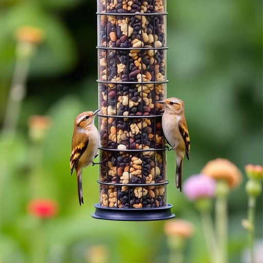 Garden birds at squirrel-resistant seed tube