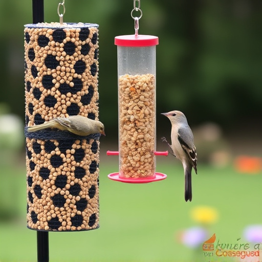 Garden birds at squirrel-resistant seed tube
