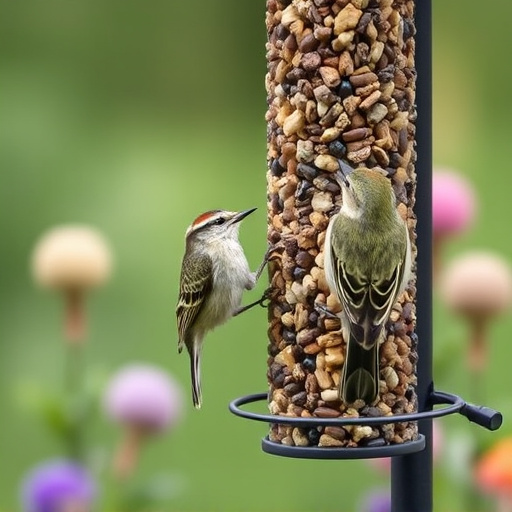 Garden birds at squirrel-resistant seed tube