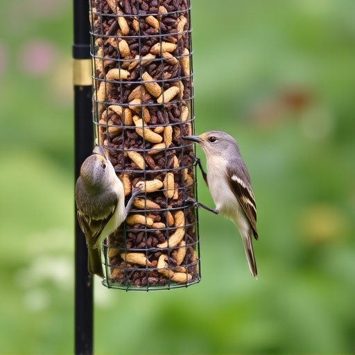 Garden birds at squirrel-resistant seed tube
