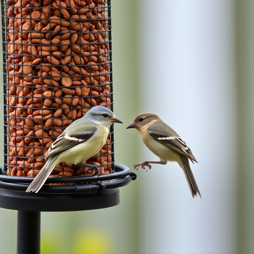 Garden birds at squirrel-resistant seed tube