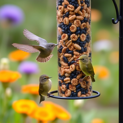 Garden birds at squirrel-resistant seed tube