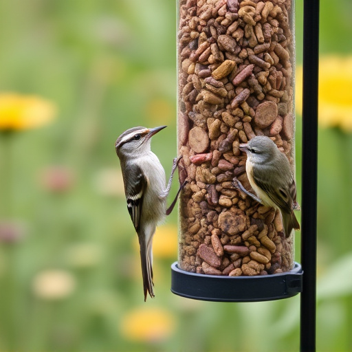Garden birds at squirrel-resistant seed tube