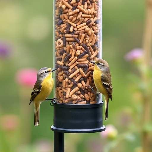Garden birds at squirrel-resistant seed tube