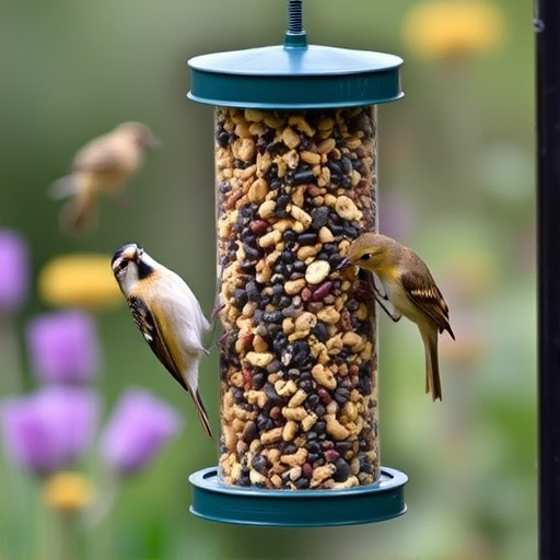 Garden birds at squirrel-resistant seed tube