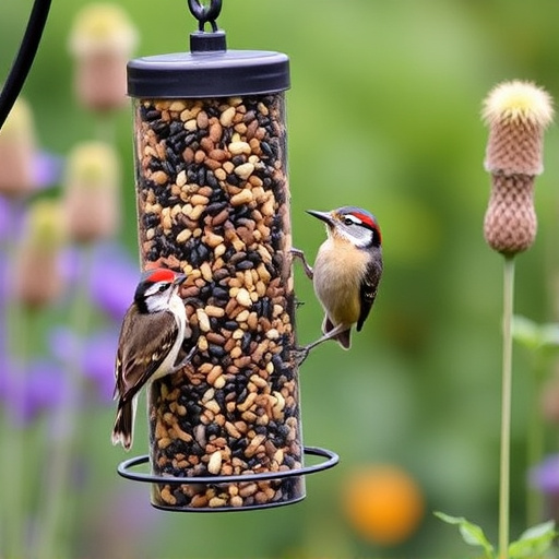 Garden birds at squirrel-resistant seed tube