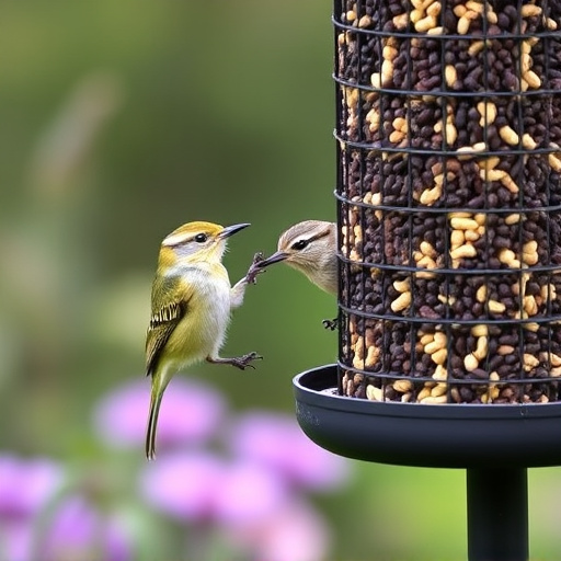 Garden birds at squirrel-resistant seed tube