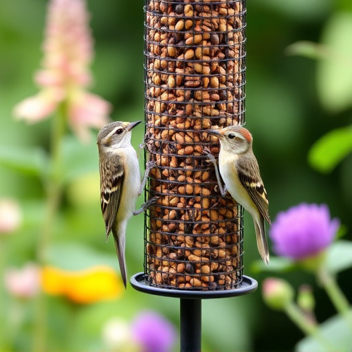 Garden birds at squirrel-resistant seed tube
