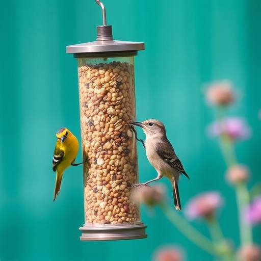 Garden birds at squirrel-resistant seed tube