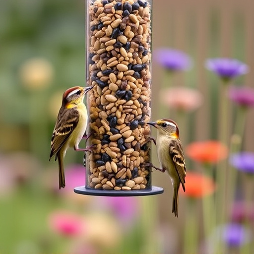Garden birds at squirrel-resistant seed tube