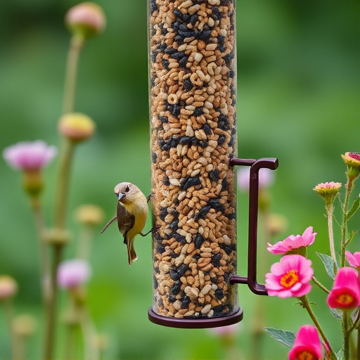Garden birds at squirrel-resistant seed tube