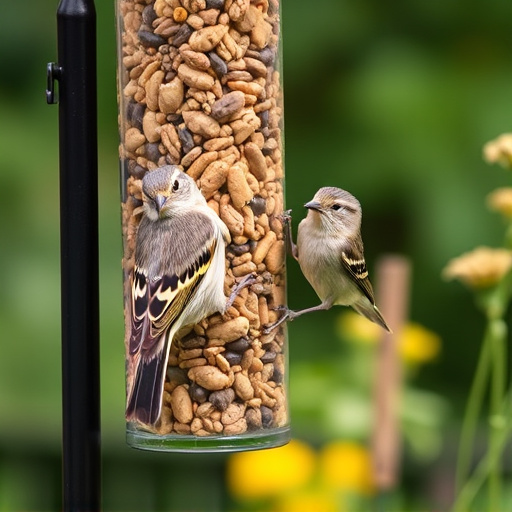 Garden birds at squirrel-resistant seed tube