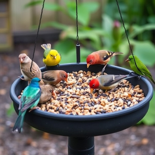 Garden birds eating from large seed tray