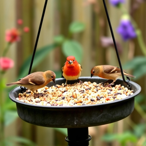 Garden birds eating from large seed tray