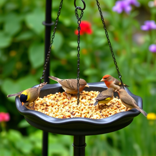 Garden birds eating from large seed tray