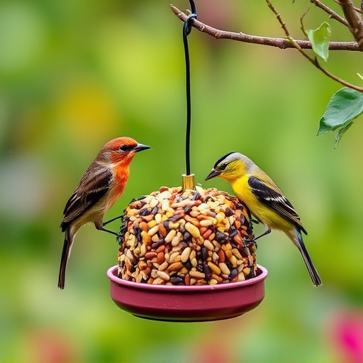 Garden birds eating mixed seed blend
