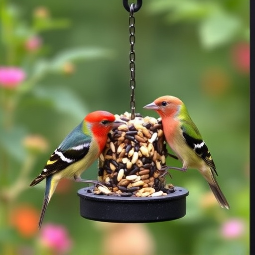 Garden birds eating mixed seed blend