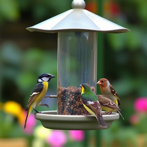 Garden birds feeding at feeder station