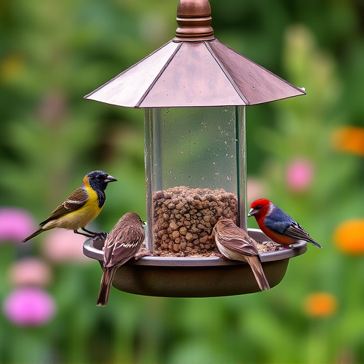 Garden birds feeding at feeder station
