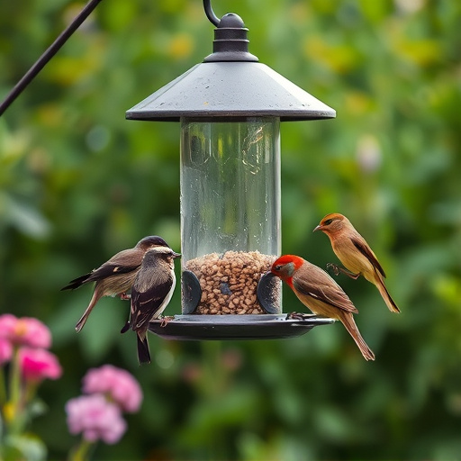 Garden birds feeding at feeder station