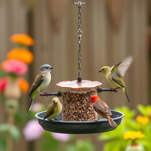 Garden birds feeding at feeder station