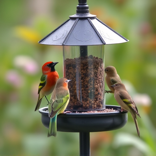Garden birds feeding at feeder station