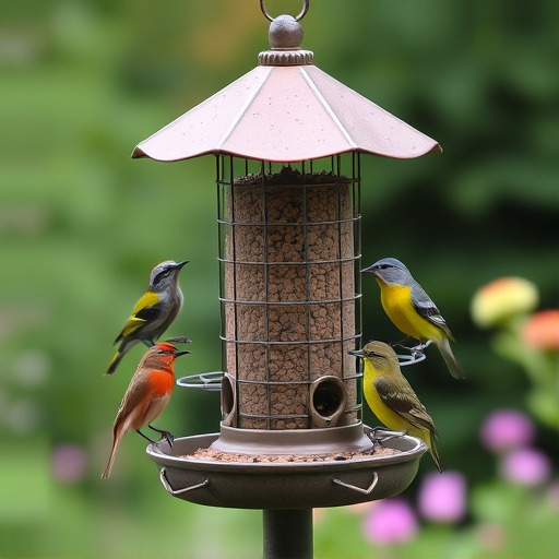 Garden birds feeding at feeder station
