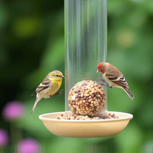 Garden birds feeding from suet ball feeder