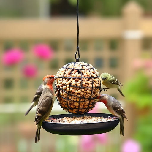 Garden birds feeding from suet ball feeder