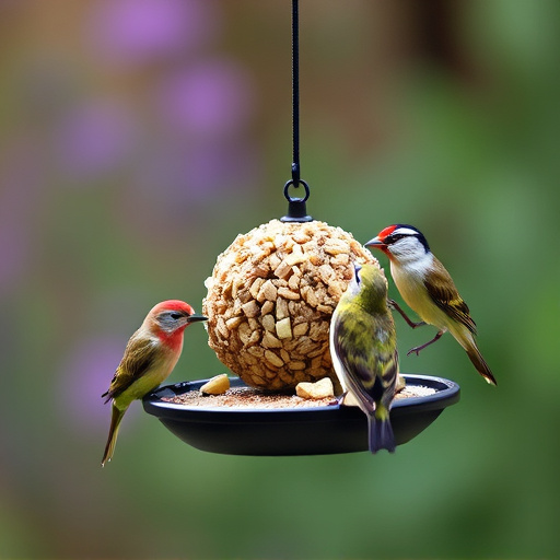 Garden birds feeding from suet ball feeder