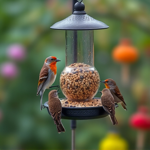 Garden birds feeding from suet ball feeder