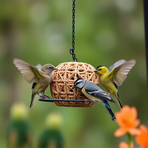 Garden birds feeding from suet ball feeder