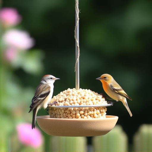 Garden birds feeding from suet ball feeder