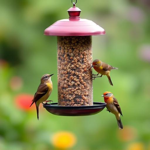 Garden birds feeding from suet ball feeder