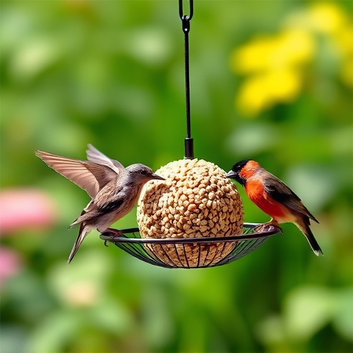 Garden birds feeding from suet ball feeder