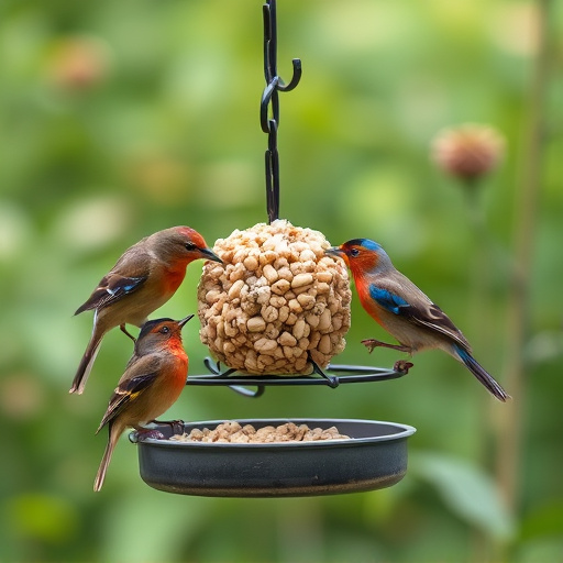 Garden birds feeding from suet ball feeder