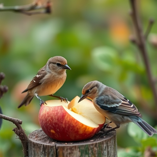 Garden birds feeding on chopped apple