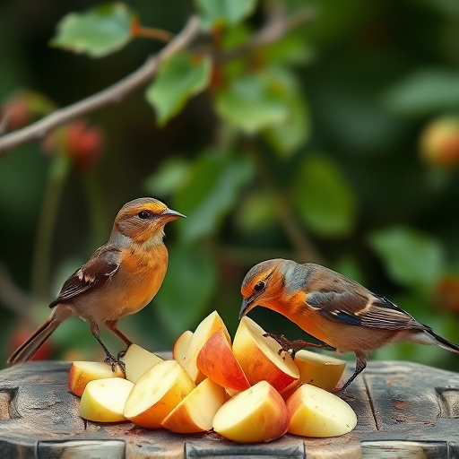 Garden birds feeding on chopped apple