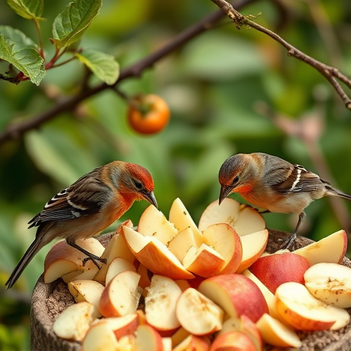 Garden birds feeding on chopped apple