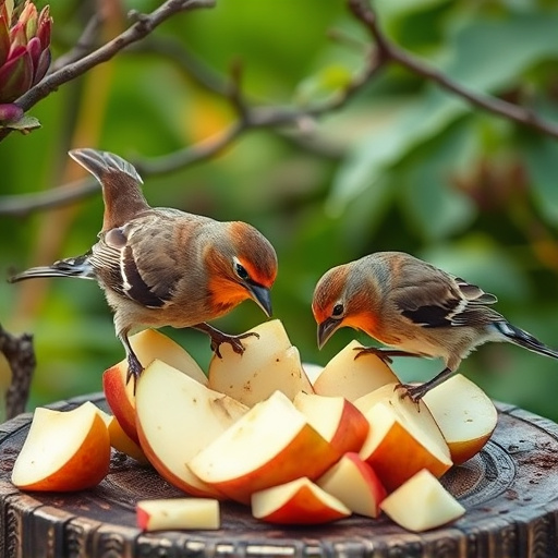 Garden birds feeding on chopped apple